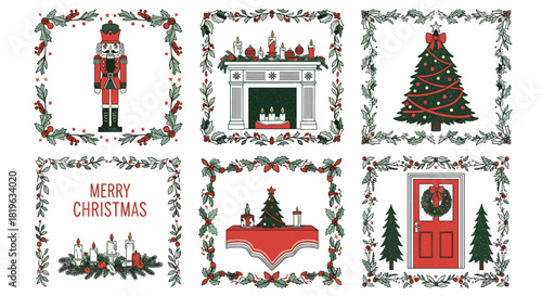 Classic christmas illustrations: nutcracker, fireplace, tree, candles, "merry christmas", door. hand-drawn with holly frames for festive designs and season's cheer.