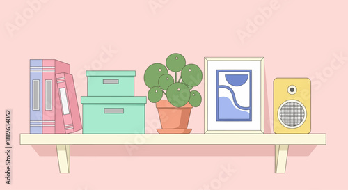 Cozy minimalist bookshelf decor with books, plants, art, and a speaker, creating a serene home ambiance