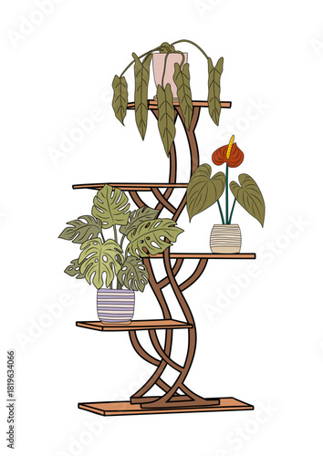 Minimalist vector illustration of a modern spiral plant stand with wooden shelves holding monstera, pothos, and anthurium plants, in clean hand-drawn style on transparent background