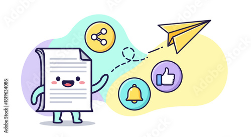 Cute cartoon character holding a document with social media icons and a paper airplane flying overhead