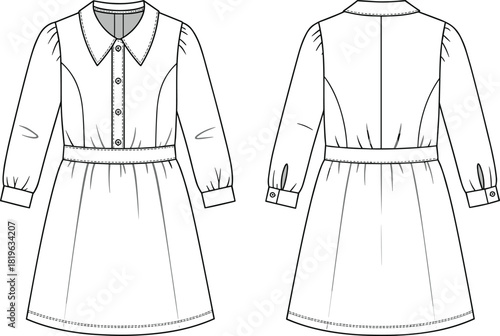 Dress sketch, technical fashion drawing, front and back view, button-down bodice, gathered skirt, pointed collar, long sleeves