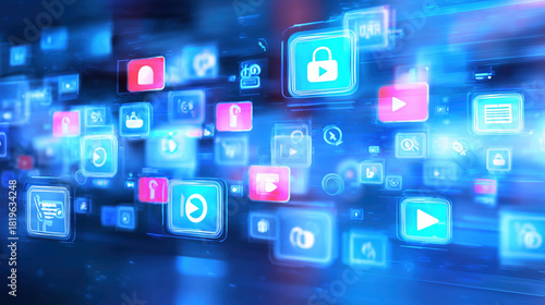 Colorful digital icons display social media platforms and online activities against a blue backdrop. The design highlights the importance of technology in daily life and communication