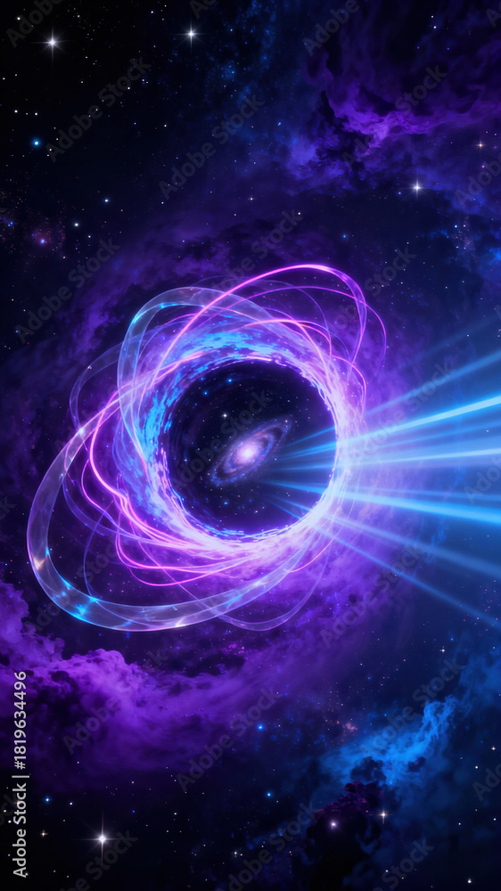 Fototapeta premium An enchanting cosmic scene showcases swirling patterns of purple and blue energy radiating from a central point. Stars and nebulas fill the surrounding dark space, creating a sense of wonder