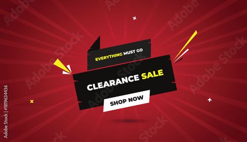 clearance sale everything must go shop now web banner vector art template design badge icon label black gray white shapes yellow bold text dark red light sun shine abstract business background