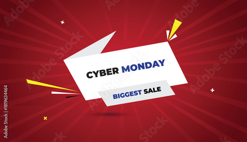 Cyber Monday biggest sale web banner vector art template design badge icon label white gray shapes black blue bold text dark red light sun shine abstract business background promotion marketing online