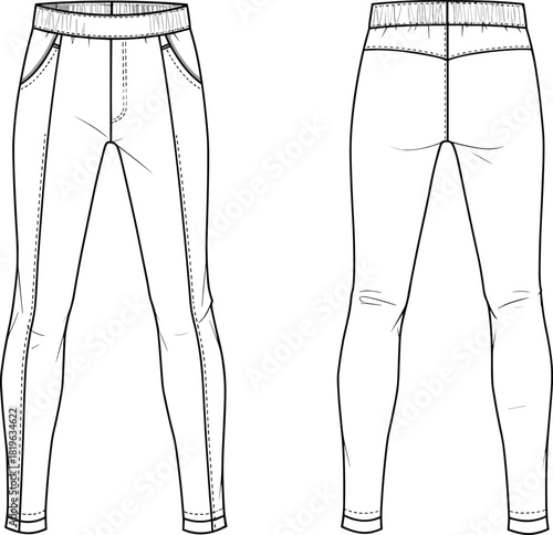 Jogger pants sketch, technical fashion drawing, front and back view, elastic waistband, side seams, yoke detail, casual garment