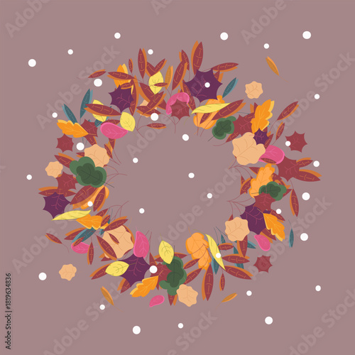 Doodle collection of tree leaves. Vector Autumn round frame, wreath. Background with hand-drawn autumn leaves with a place for your text