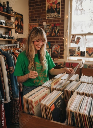 A Joyful Music Enthusiast Discovering Vintage Vinyl Records in an Eclectic Thrift Store Surrounded by Retro Fashion and Nostalgic Decor