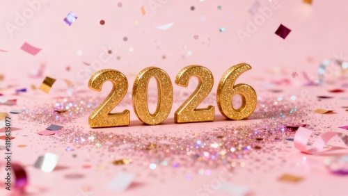 Celebrating the Arrival of 2026 with Sparkling Gold Numbers and Colorful Confetti on a Soft Pink Background for New Year Festivities