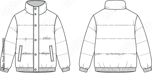 Puffer jacket sketch, technical fashion drawing, front and back view, quilted panels, button closure, ribbed cuffs, high collar