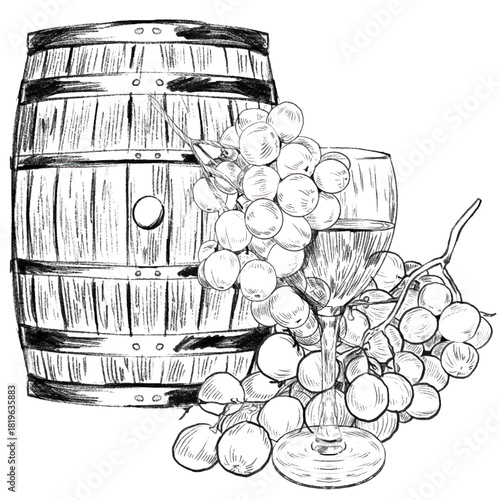Wooden barrel, glass of wine and grape branch with bunches of grapes and leaves. Concept of winemaking, production and sale of wine. Graphics for wine stories, tasting, market, menu, wine list.