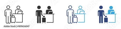 Airport Check-in icon set, Passenger Service Counter, Travel Registration and Luggage Processing concept icon, vector illustration.