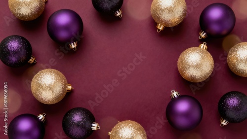 A Vibrant Collection of Purple and Gold Christmas Ornaments Arranged in a Festive Circular Pattern Against a Rich Dark Background