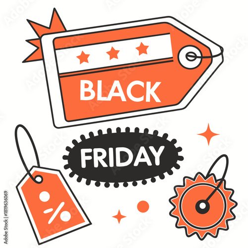 Black Friday sale tags. Plastic badges and price tags with Black Friday text. Black Friday promotional banners, discount labels collection. Vector art