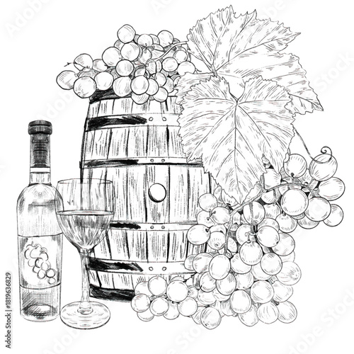 Wooden barrel, bottle, glass of wine and grape branch with bunches of grapes and leaves. Graphics for wine stories, tasting, market, menu, wine list.