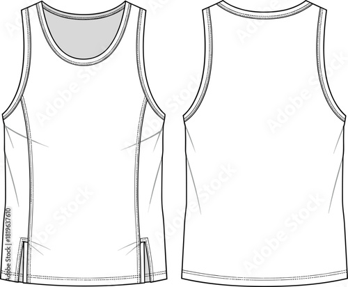 Tank top sketch, athletic garment design, technical fashion drawing, front and back view, side panels, scoop neckline, vent seams