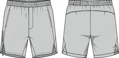 Technical athletic shorts sketch, front and back view, gusset crotch, curved yoke, side pockets, fashion illustration, vector garment template