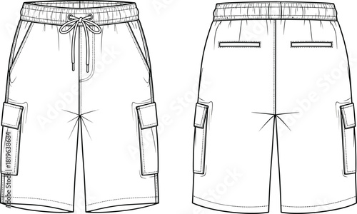 Cargo shorts fashion vector illustration with elastic waistband, drawstring front, flap pockets, welt back pockets, technical sketch,