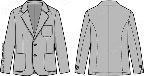 Technical blazer sketch, front and back view, notched lapel, patch pockets, princess seams, fashion illustration, vector garment template