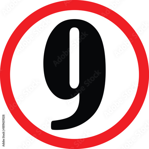 Number nine in a red circle vector illustration of a numeral isolated on white background for graphic design