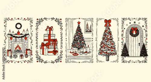 Hand-drawn vintage christmas scenes collection: cozy fireplace, stacked presents, decorated trees, and a festive front door with wreath. holiday vector.