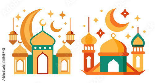 Colorful islamic mosque and crescent moon ramadan celebration art