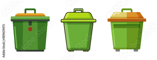 Three green compost bins with lids collection simple art
