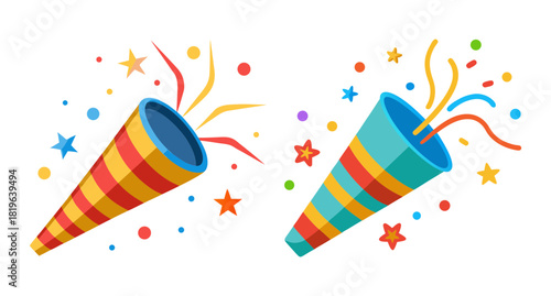 Two colorful party poppers exploding confetti stars and ribbons joyful celebration