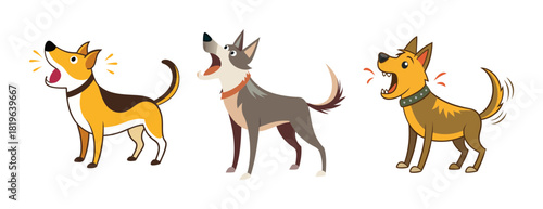 Three excited cartoon dogs barking joyfully and energetically
