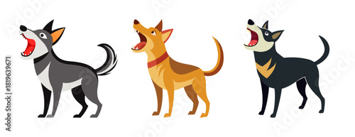 Three energetic dogs barking with joyful excitement