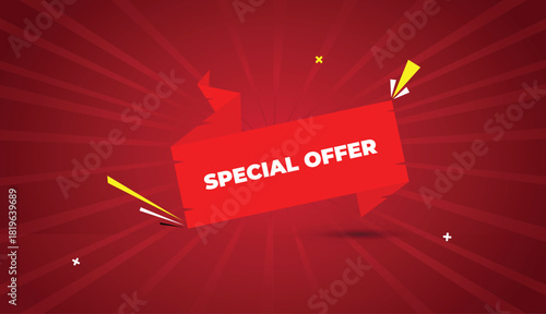 Special Offer Banner Vector Template Design Badge Icon Label Red Shapes White Bold Text Dark Red Light Sun Shine Abstract Business Background Modern Creative Eye Catching Promotion