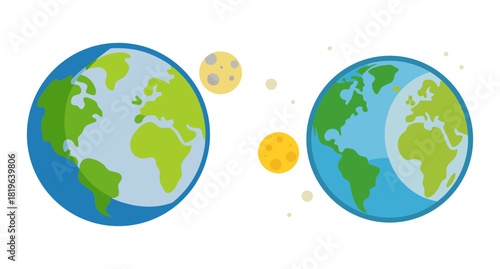 Two cartoon earths and moons with colorful continents