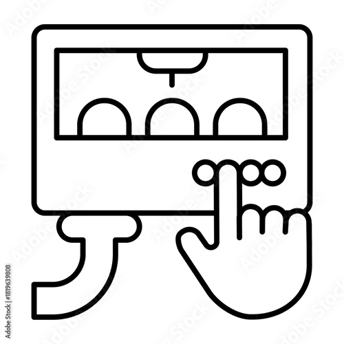 Pastry oven with buttons and hand index finger thin line icon, manufacture concept, bakery factory sign on white background, outline style for mobile web design. Vector graphics.