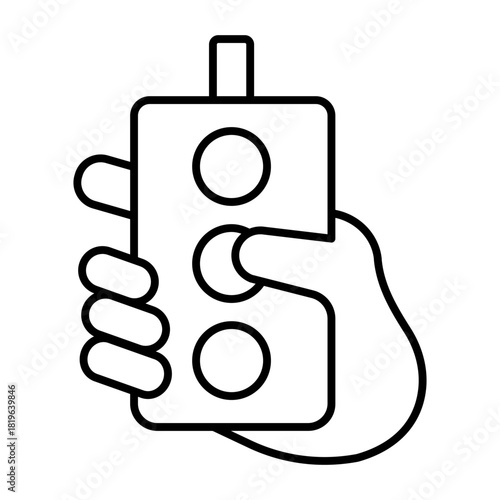 Wired remote with buttons in hand thin line icon, manufacturing concept, factory control process sign on white background, outline style for mobile web design. Vector graphics.
