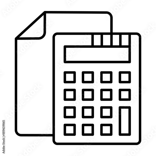 Calculator and sheet of paper thin line icon, bookkeeping, cost calculation concept, data estimation sign on white background, outline style for mobile web design. Vector graphics.