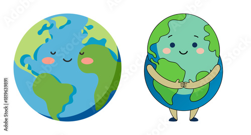 Cute cartoon earth hugging itself expressing self-love and care