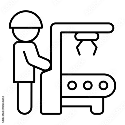 Man at conveyor control panel with robotic arm thin line icon, manufacturing concept, worker, robot claw sign on white background, outline style for mobile web design. Vector graphics.