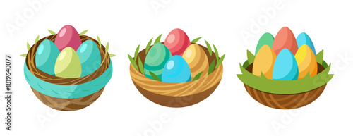 Three easter nests filled with colorful eggs and grass