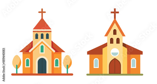 Two cartoon churches ready for easter sunday service celebration