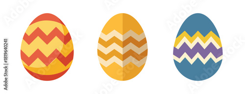 Three colorful easter eggs with zigzag patterns ready for celebration