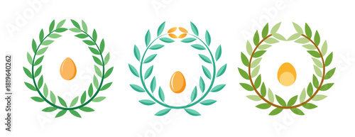 Three laurel wreaths with decorative elements inside