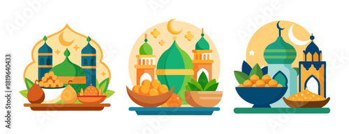 Eid feast celebration with islamic mosques and delicious food