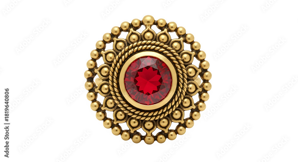 Obraz premium Golden ring with a vibrant red gemstone, intricate design, isolated on transparent background