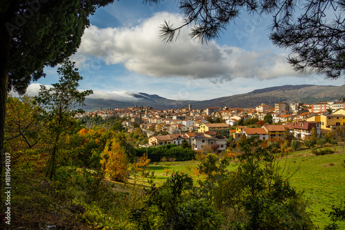 Scenic view of an old European town with historic buildings against mountains and autumn hills, Agnone, Molise, Italy