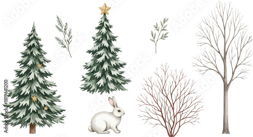 Watercolor christmas trees, rabbit, and bare winter trees on a white background illustration