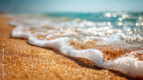 Fototapeta Naklejka Na Ścianę i Meble -  Closeup of ocean wave foam washing onto golden sandy beach under sunlight