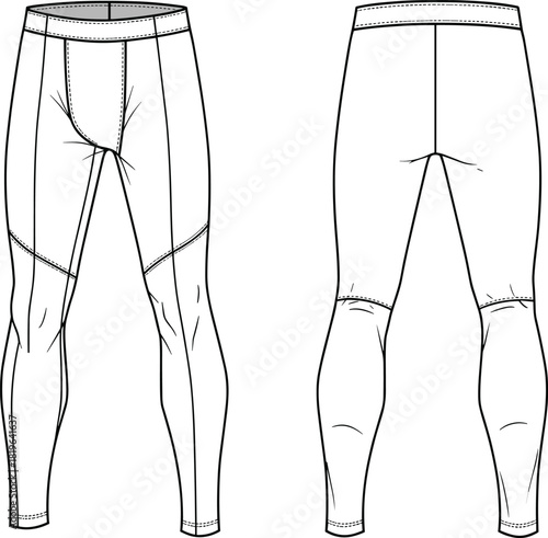 Technical leggings sketch, front and back view, contour seams, compression fit, athletic design, fashion illustration, vector garment template