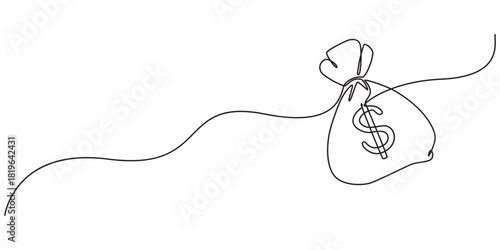 Money bag with a dollar sign in one line art style. Money bag drawing with editable black stroke on white background. Vector illustration. Continuous line drawing of money bag with dollar coins,