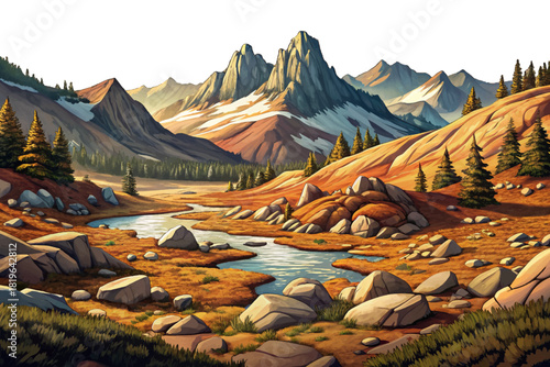 Beartooth Wilderness Montana High Rocky Tundra Alpine tundra with snow patches, massive boulders, icy lakes and wide sky