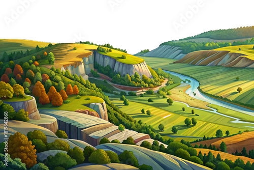 Curved forested hills with limestone outcrops, winding rivers and calm airy sky, Driftless Area, Wisconsin